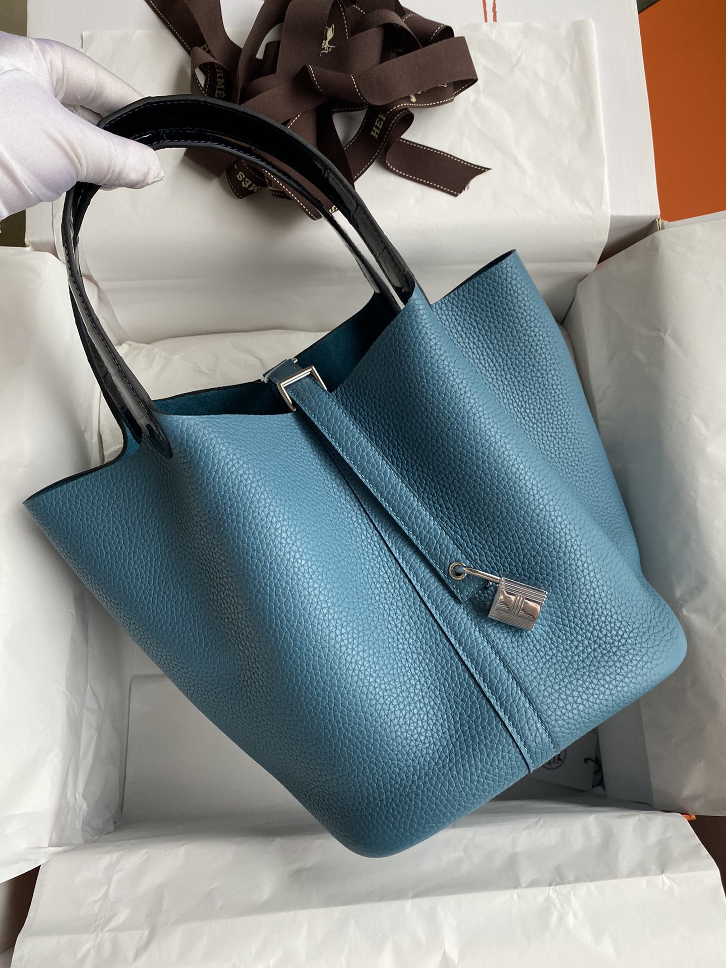 Hermes Picotin Lock 22 Bag In Blue Jean Clemence Leather